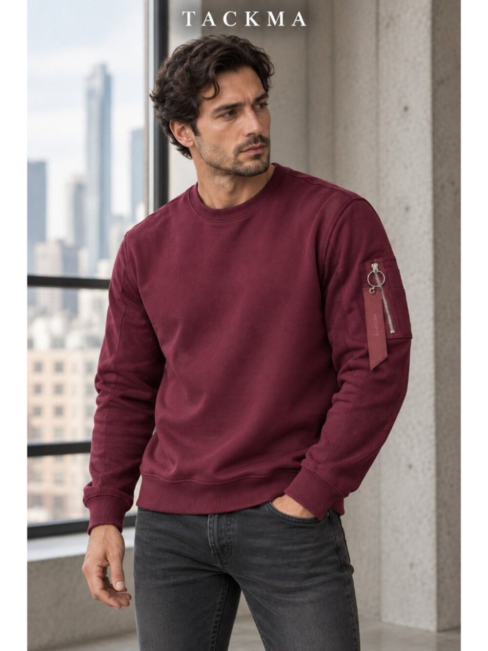 TACKMA Men’s Burgundy Cotton Crewneck Sweatshirt Utility Zip Sleeve NWT XL